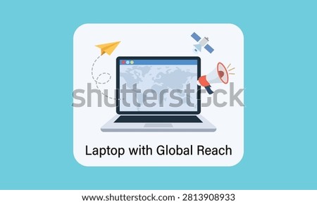Vector Laptop with Global Reach Concept Illustration Featuring World Map Screen Megaphone Satellite and Paper Airplane Icons