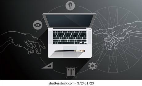 Vector laptop with graphic icon. The creation concept