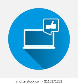 Vector laptop icon and hand with thumb on blue background. Flat image with long shadow.