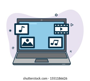 Vector laptop icon with multimedia icons