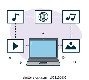 Vector laptop icon with multimedia icons