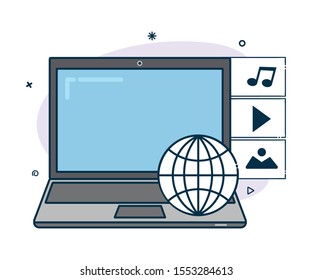 Vector laptop icon with multimedia icons
