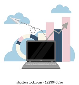 Vector laptop icon on background graphics, scheme. Clouds and mail departures, paper airplane
