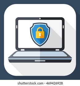 Vector Laptop icon with a protective shield symbol on a screen