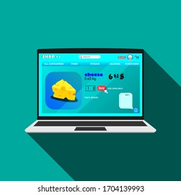 Vector laptop icon. the screen shows a product website, online purchase, website design for an online store, cheese. flat design. eps10