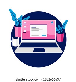 Vector laptop illustration with plants and mug - home office - work home