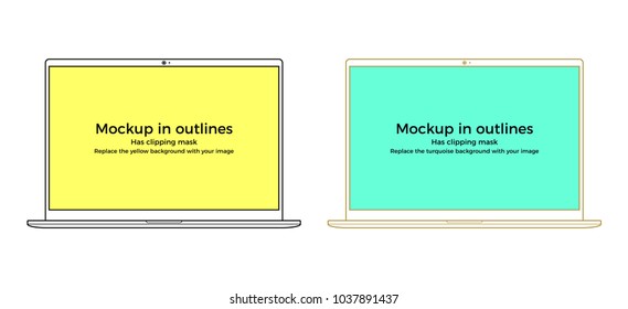 Vector laptop mockup in outlines, black and golden. Computer notebook mockup consisting of lines, isolated on the white background. Has clipping mask in the screen area for use your images