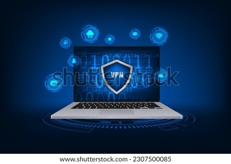 Vector laptop mockup virtual private network with shield concept. Cyber security and privacy.