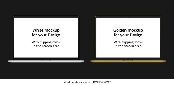 Vector laptop mockup, white and golden. Computer notebook mockup, isolated on the white background. Has clipping mask in the screen area for use your images