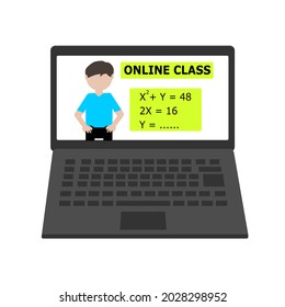 Vector laptop or notebook with screen showing online school illustration. Online class