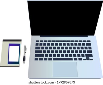 Vektor Laptop mit Notizblock, Stift und Telefon daneben. Kann für Designzwecke verwendet werden.