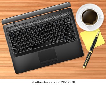 Vector laptop on the desk with coffee cup and pen. Top view