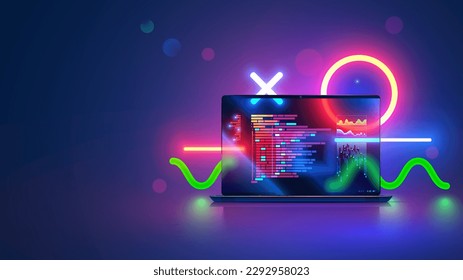 Vector portátil con pantalla abierta en recepción. Código de programa informático en pantalla portátil sobre la mesa, elementos abstractos de diseño geométrico neón. Banner de concepto de programación, codificación y desarrollo de software.