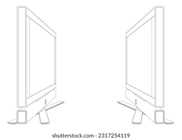 Vector laptop outline. Personal computer in flat style. Desktop computer contour. Computer screen, monoblock, screen, computer contour. Two monitors are facing each other..