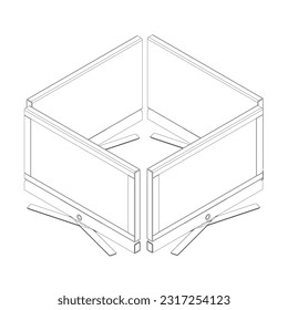 Vector laptop outline. Personal computer in flat style. Desktop computer contour. Computer screen, monoblock, screen, computer contour. Four monitors stand in a square. Isometric view.