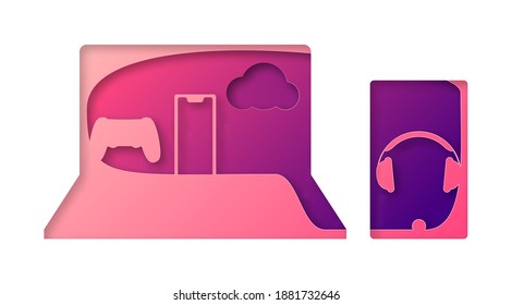 Vector laptop in paper art style
