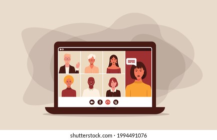 vector of a laptop with people of ethnic diversity and gender in chat or webinar. technology and video call concept.