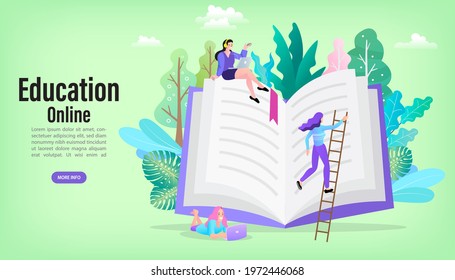 Vector laptop with reader app. Online library. People reading books. Online book store, library and education flat concept. 