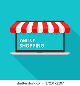 Vector laptop with a red awning The concept of ordering products online during quarantine.
