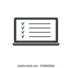 Icono de pantalla del portátil vector y lista de verificación en fondo aislado blanco. Capas agrupadas para una ilustración de edición sencilla. Por tu diseño.
