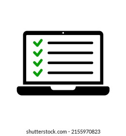 Icono de pantalla del portátil vector y lista de verificación en fondo aislado blanco.