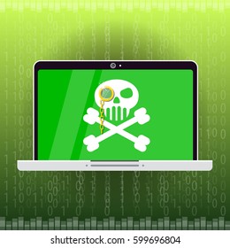 Vector laptop with skull pirate on green cyber background.