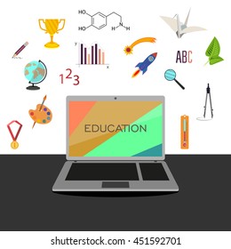 Vector laptop surrounded by icons symbolizing knowledge and the different spheres of human activity