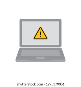 Vector laptop symbol with exclamation mark in yellow triangle. Warning icon. Isolated on white background.
