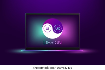 Vector laptop with UI and UX Yin Yang. Illustration of computer notebook with Yin Yang symbol, concept of interdependent relations between User Interface and User Experience Design