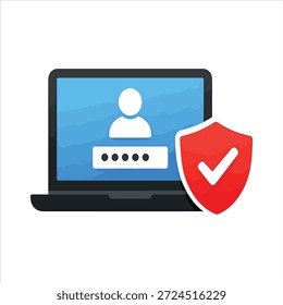Vector de portátil con página de acceso de Contraseña de Cuenta de usuario y escudo con marca de verificación. Símbolo de trabajo de PC, conexión a Internet y proceso de alta tecnología. Icono de la computadora cibernética