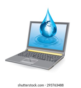 vector laptop with water and planet earth splashing out of the monitor