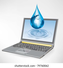 portátil vectorial con agua y planeta tierra salpicada fuera del monitor