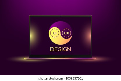 Vector laptop with yellow and orange illumination. Computer notebook with Yin Yang symbol, concept of interdependent relations between User Interface and User Experience Design