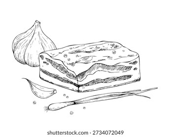 Vector lard with fresh whole garlic and clove, peppercorn, green onion and pepper. Graphic ink pork Pork belly illustration, isolated on background. Hand drawn line sketch. For designers, prints, logo