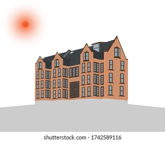 Vector de un gran edificio de ladrillo de 4 plantas con ventanas, tragaluces, puertas marrones y un techo negro.
