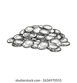 vector large bunch of coins, hand drawn heap of gold metal money, monochrome illustration of cash, pile of money, sketch of wealth, treasure trove for business and finance decoration, blogs, pictures