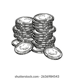 vector large bunch of coins, hand drawn heap of gold metal money, monochrome illustration of cash, pile of money, sketch of wealth, treasure trove for business and finance decoration, blogs, pictures