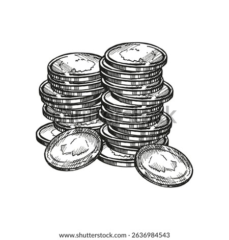 vector large bunch of coins, hand drawn heap of gold metal money, monochrome illustration of cash, pile of money, sketch of wealth, treasure trove for business and finance decoration, blogs, pictures