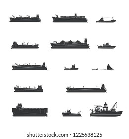 Vector large cargo ships and boats of various types.