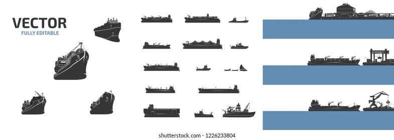 Vector large cargo ships and boats of various types.