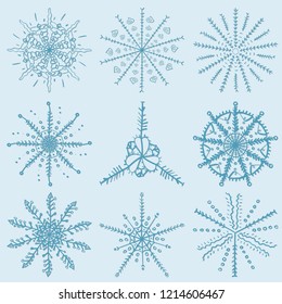 vector large Christmas and new year set of snowflake design elements for decoration and design of postcards, posters and web background is isolated