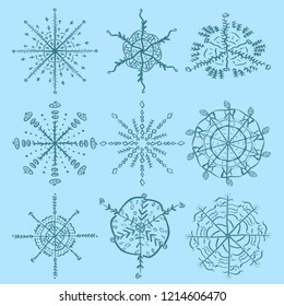 vector large Christmas and new year set of snowflake design elements for decoration and design of postcards, posters and web background is isolated