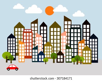 Vector of large cities filled with many skyscrapers and a little trees including a red car in the light blue sky view.