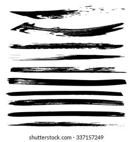 Vector large collection or set of artistic black paint hand made creative brush strokes isolated on white background, metaphor to art, grunge or grungy, sketch, education or abstract design
