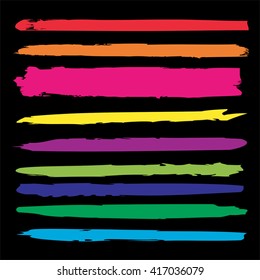Vector large collection or set of artistic colorful paint hand made creative brush strokes isolated on black background metaphor to art, grunge or grungy, sketch, education or abstract design