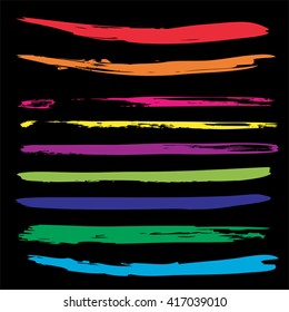 Vector large collection or set of artistic colorful paint hand made creative brush strokes isolated on black background metaphor to art, grunge or grungy, sketch, education or abstract design