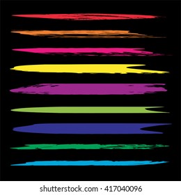 Vector large collection or set of artistic colorful paint hand made creative brush strokes isolated on black background  metaphor to art, grunge or grungy, sketch, education or abstract design