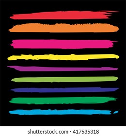 Vector large collection or set of artistic colorful paint hand made creative brush strokes isolated on black background  metaphor to art, grunge or grungy, sketch, education or abstract design