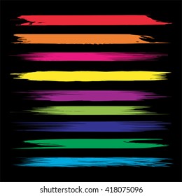 Vector large collection or set of artistic colorful paint hand made creative brush strokes isolated on black background metaphor to art, grunge or grungy, sketch, education or abstract design