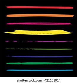 Vector large collection or set of artistic colorful paint hand made creative brush strokes isolated on black background metaphor to art, grunge or grungy, sketch, education or abstract design